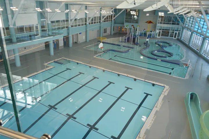 Paul Reynolds Community Centre pool, photographed from the waterslide area and identified by the City of St.